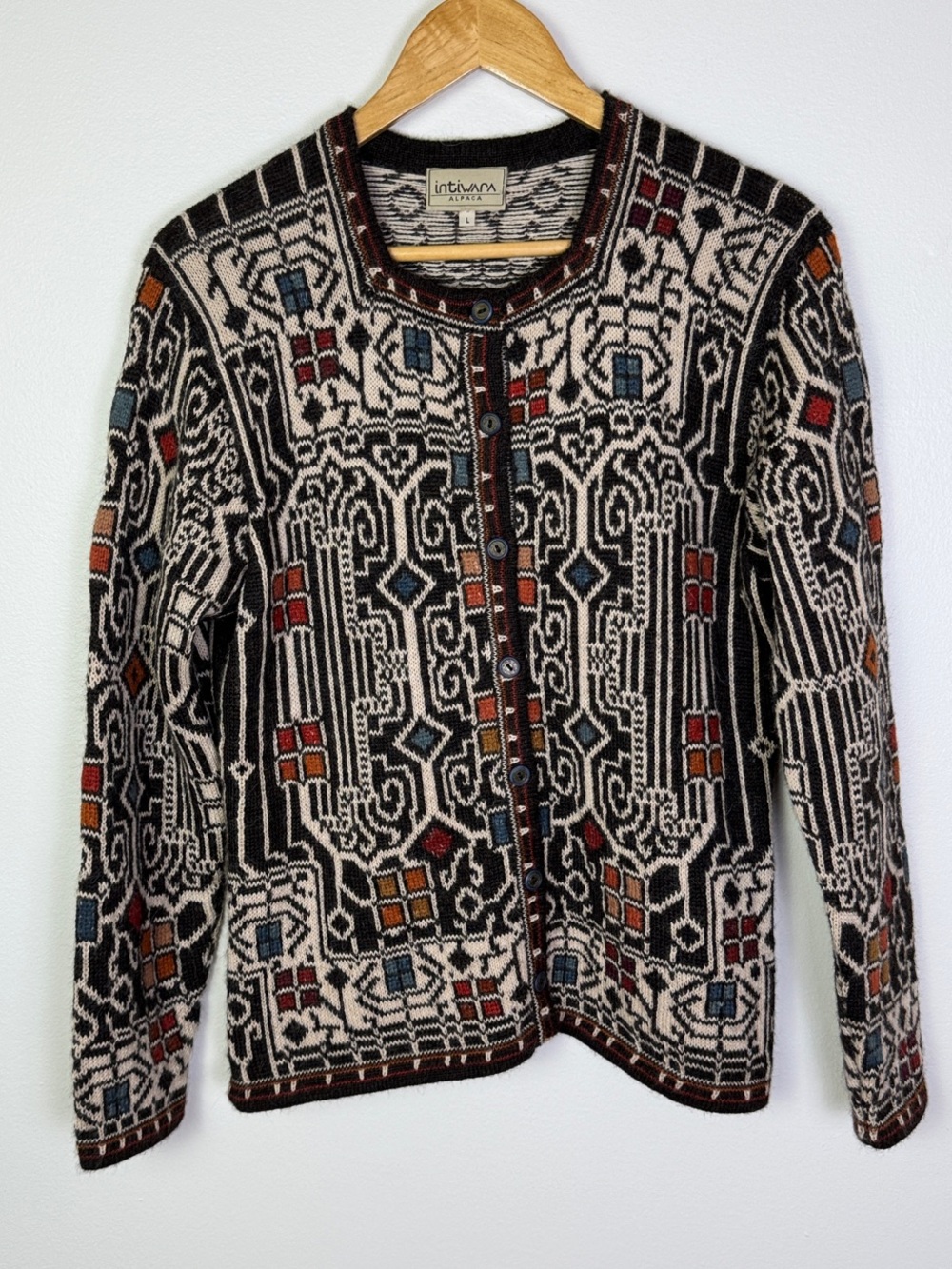 Vintage Intiwara Handmade 100% Alpaca Geometric Knit Cardigan Sweater L